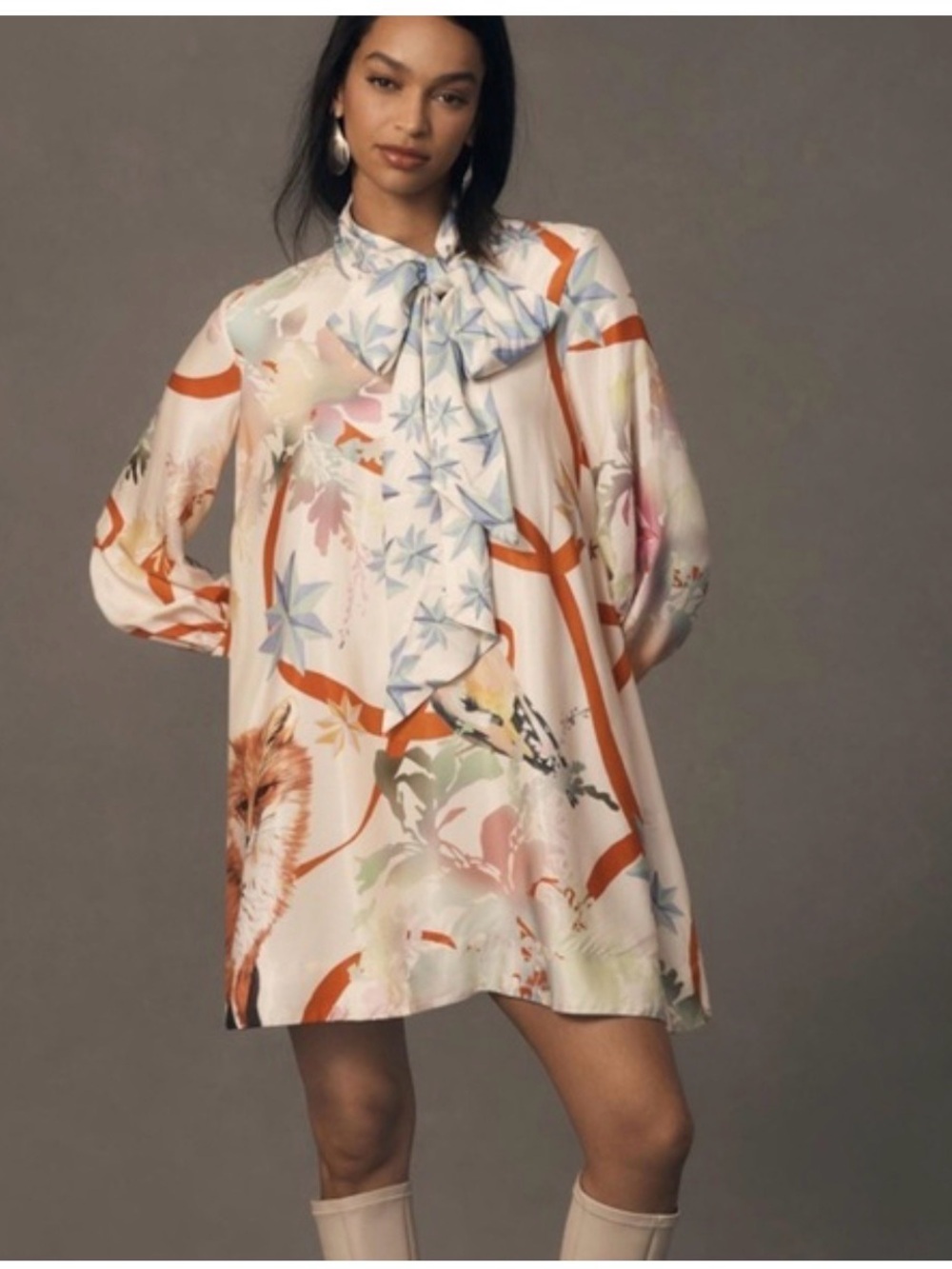 Anthropologie Maeve Silk Dress in Cream, Orange & Pastel Blue